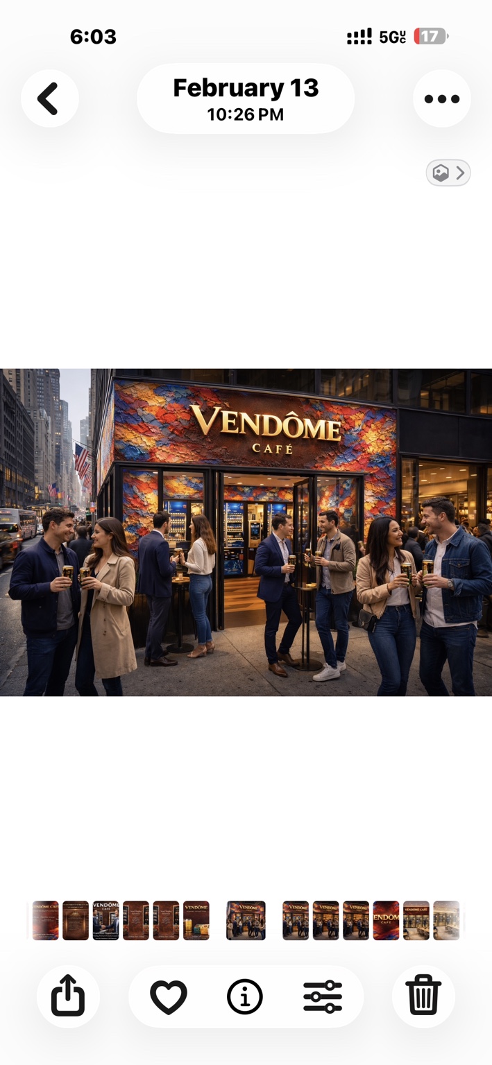 Guests outside Vendôme Café, with the open entrance, colorful interior and vending machines visible behind them