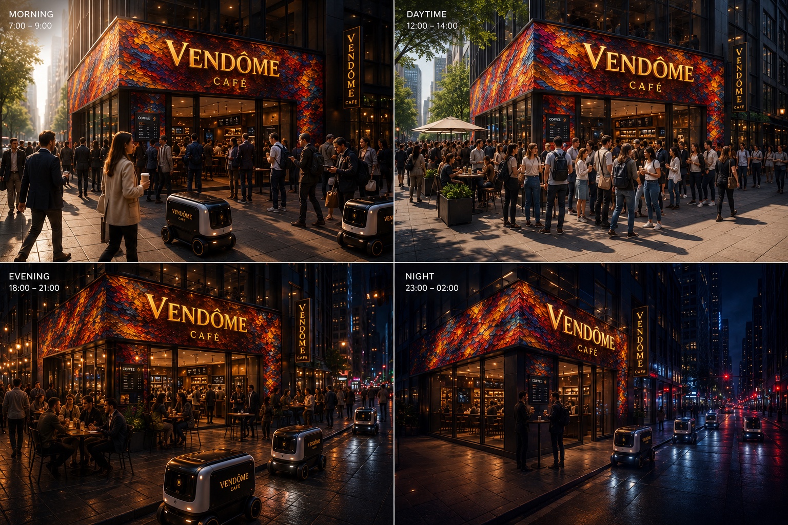 Vendôme concept across morning, day, evening and night