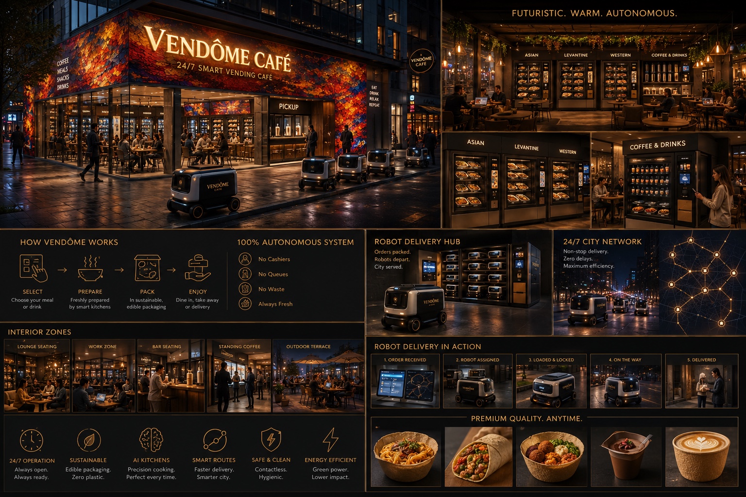 Vendôme Café from the street: colorful illuminated façade, floor-to-ceiling windows, guests and outdoor seating